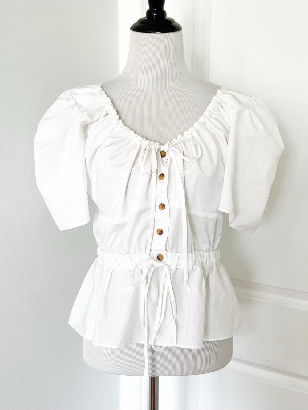 Ciao Lucia Ezio White Puff Sleeve Peplum Tie-Front Blouse - Large